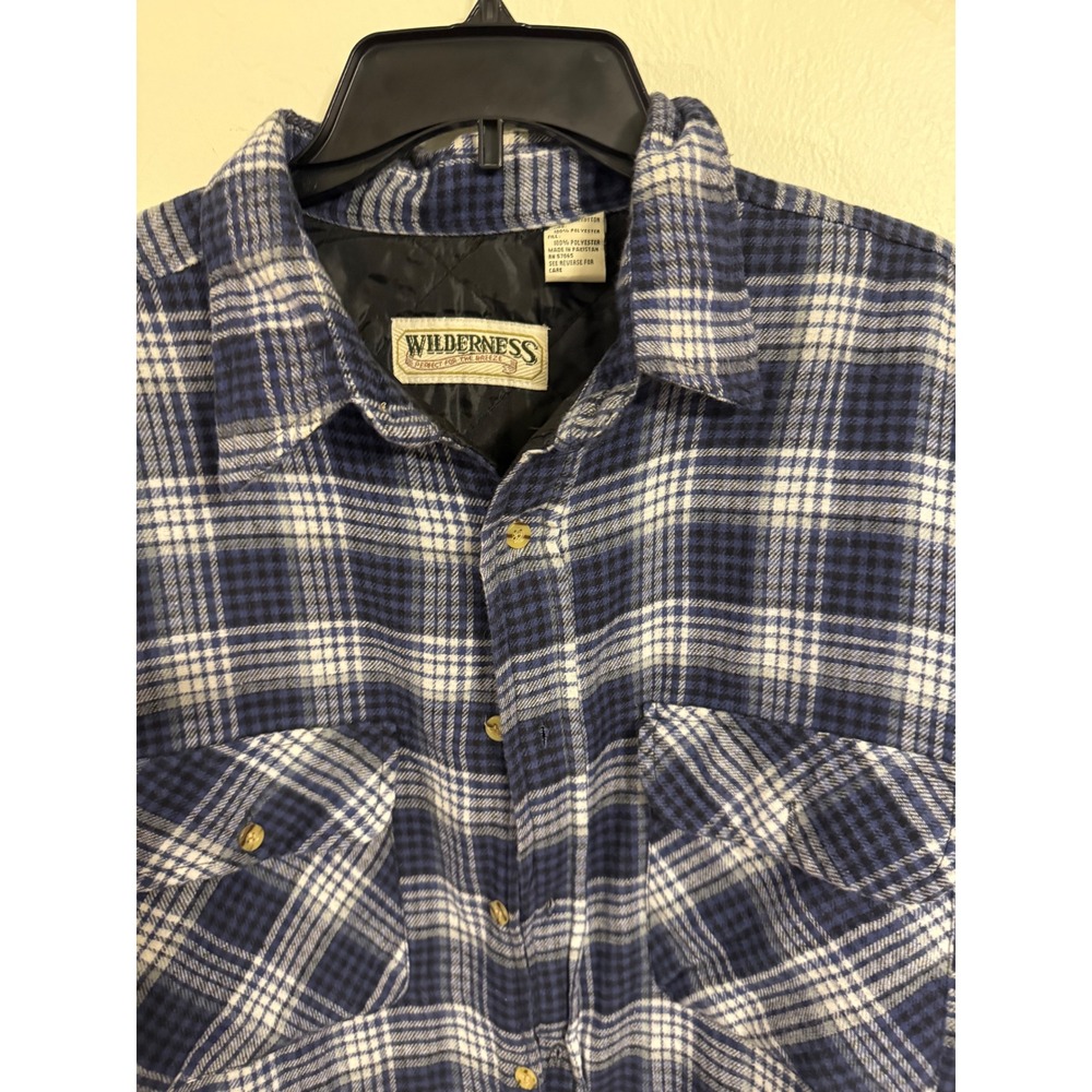 Lg Wilderness Plaid Flannel Lined Shirt Jacket Men's Blue White Long Sleeve